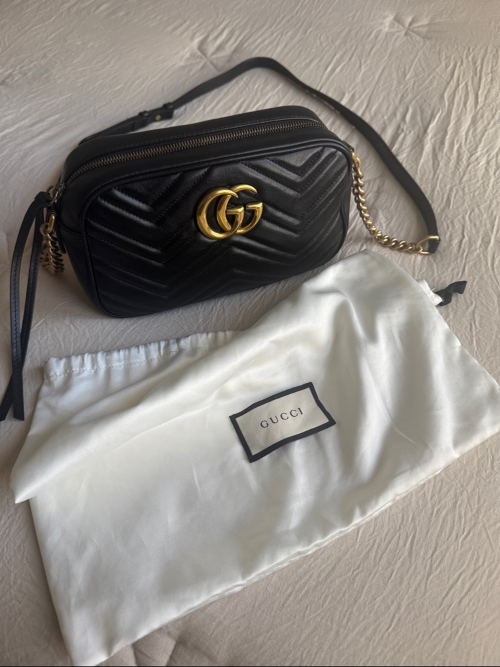 Gucci Black Chevron Quilted Leather GG Marmont Camera Bag with Gold Hardware